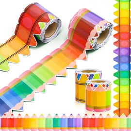 65ft Bulletin Board Border Decorations, 2 Rolls of Rainbow Pencils and Crayons Border Trim, Back to School Decor for School Classroom Blackboard Bulletin Board Wall Window Decor (School)