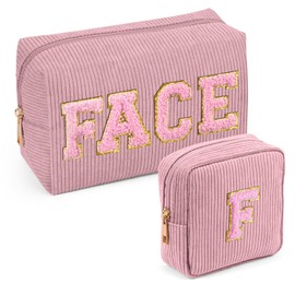 MAGEFY Makeup Bag，2 Pcs Initial Cute Makeup Bag for Purse Corduroy Cosmetic Bag for Girls Women Small Travel Makeup Pouch with Zipper (Pink-FACE+F)