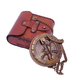 Brújula de reloj de sol de latón vintage hecho a mano, reloj de sol náutico antiguo con funda de cuero, brújula de latón coleccionable grabada, regalo