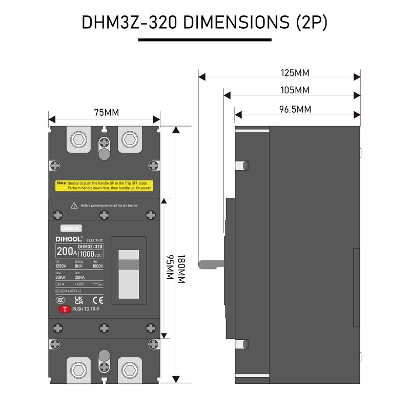 DIHOOL 200 Amp DC Circuit Breaker,2P 1000V 20kA Breaking Capacity
