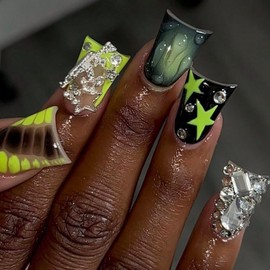 24 Pcs Duck Nails Press on French Tip Fake Nails Y2K Chartreuse False Nails Stars 3D Jewel Charm Designs Artificial Duck Fake Nails Glitter Stick on Acrylic Nails Artificial Nails for Women