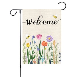 Louise Maelys Welcome Spring Summer Floral Garden Flag 12x18 Double Sided, Burlap Small Vertical Bee Spring Garden Yard Flags for Outside Outdoor House Seasonal Decoration (ONLY FLAG)