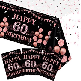 Xiliconie 3PCS 60th Birthday Tablecloth Decorations for Women Happy Sixty Birthday Theme Black and Rose Gold Table Cloths,60 Year Old Birthday Plastic Disposable Rectangular Table Cloth Decor