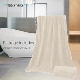 TENSTARS Silk Hemming Bath Towels for Bathroom Clearance - 27 x 55 inches - Light Thin Quick Drying - Soft Microfiber Absorbent Towel for Bath Fitness, Sports, Yoga, Travel, Gym - 2 Pack, Cream