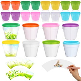 Meanplan 24 Sets DIY Flower Pots Plastic Pot Craft Kit Color Your Own Flowerpots for Kids Make Your Own Planter 4 x 4 Inches Blank Planter Spring DIY Painting Crafts for Kids School Home Activity
