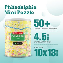 Geotoys Philadelphia Mini City Puzzle - 100 Piece Puzzles for Kids and Adults in Portable Can, 13" x 10" Educational Travel Puzzle for Ages 7 and Up - Mini Puzzles to Learn & Explore Geography