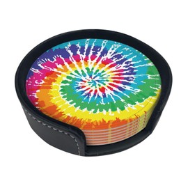 Colorful Rainbow Tie Dye Coasters for Drinks Round Leather Coaster with Holder Set of 6 for Tabletop Protection Desk Accessories Office Home Room Decor