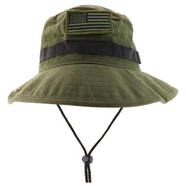 Armycrew Military American Flag Hook and Loop Patch Boonie Cap with Chin Strap - ODG