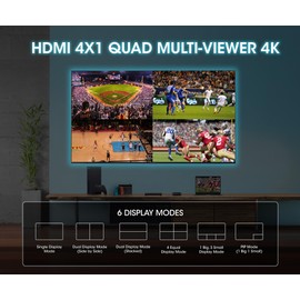 Manhattan 4K 4-Port HDMI Multiviewer Switch, Switch with Four Inputs on One Display, 4k@30Hz, Multiple Viewing Options Including Picture-in-Picture and Dual/Quad Screen, Push Button or Remote Control,