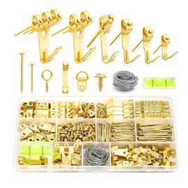 Yohong 372pcs Picture Hanging Kit, Heavy Duty Picture Hanging Hooks Assorted Kit with Hardware Nails/Sawtooth/Wire/D Rings/Level, Picture Wall Hooks for Frame Canvas Mounting (Gold)