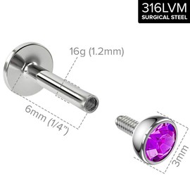 Bling Piercing 3pc 16g 1.2mm 6mm Labret Bar Stud Lip Ring 3mm Amethyst CZ Snake Bite Marilyn Monroe 6mm + Clear Retainer Keeper