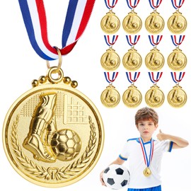 Hianjoo 12 Pack Soccer Medals for Kids and Adults, Metal Gold Award Medals 1st Place Medals with Neck Ribbon, Participation Medals for Soccer Party Favors, Soccer Competitions and Celebration, 2 inch