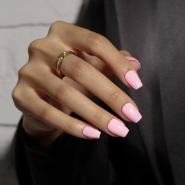 KQueenest Baby Pink Press on Nails Short Coffin, Short False Nails with Glue, Solid Light Pink Fake Nails Press ons Ballerina, Glossy Opaque, Reusable Soft Gel Stick on Nail for Women, 30 Pcs