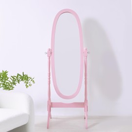 Livinia Ashely Wooden Antique Floor Free Standing Mirror/Traditional Style 60" Oval Clear Dressing Cheval Mirror Bedroom Interior (Pink)