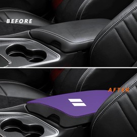 Car Center Console Armrest Cover for Dodge Challenger Accessories 2015-2018 2019 2020 2021 2022 2023 Leather Anti-Scratch Central Armrest Lid Protector Cushion Decoration(Purple+Black Leather)