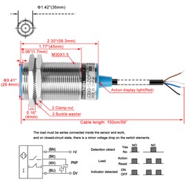 Heschen M30 Capacitive Proximity Sensor Switch, Shield Type, LJC30A3-10-Z/CY, Detection 1-10mm, 10-30VDC 200mA, PNP NO+NC, 4 Wire