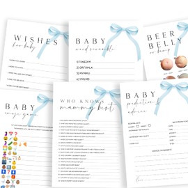 Baby Shower Games Bundle-6 Pack-Blue Coquette Bow Theme - New Mum to Be, Baby Boy
