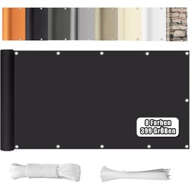 WEALSFUN Balcony Privacy Screen, Balcony Cover (390 Sizes and 8 Colours), Balcony Cladding, No Drilling, Opaque, Wind UV Protection with Eyelets, Cable Ties, Cord, 90 x 300 cm, Black