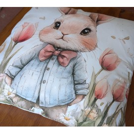 Spring Cushion Cover Easter Bunny Decor Farmhouse Rabbit Pillow Cover 45cm x 45cm Insert Not Included