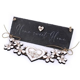 Slate Sign Home Sweet Home with Flower Element and Heart Made of Wood - Sign Front Door Entrance Door Sign Door Decoration Welcome Sign 22 x 16 cm