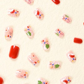 Christmas Press on Nails Short Almond Fake Nails Glue on Nails Xmas Acrylic Nails with Little Elk Designs Glossy Red False Nails Winter Stick on Nails Full Cover Artificial Static Nails forWomen 24Pcs