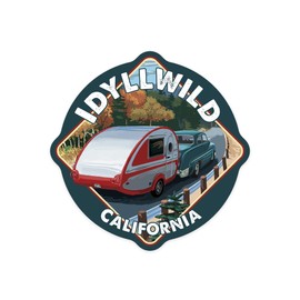 Die Cut Sticker Idyllwild, California, Retro Camper Cruise, Contour Vinyl Sticker 3 to 6 inches, (Waterproof Decal for Cars, Water Bottles, Laptops, Coolers), Large