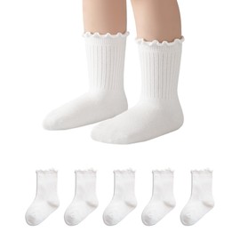 Funjoon 6M-5T Baby Toddler Little Girls Cute Ruffle Socks Cotton Toddler White Frilly Dress Kids Crew Socks 5 Pack, Classic White 1-3T