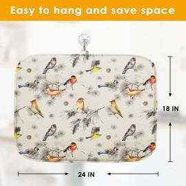 Sanwarm Absorbent Dish Drying Mat, Vintage Birds Watercolor Cute Floral Microfiber Pad for Kitchen Counter, Coffee Bar Decor, Heat Resistant and Reversible, 18" x 24"