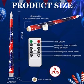 Aurelema 8 Pcs Patriotic Candles Flameless Taper Candles with Remote & Timer 4th of July American Flag Flameless Candlesticks Flickering Real Candle for Independence Day Decoration (Retro Style)