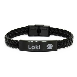 DARIN GIFT Loki Paw Print Name Braided Leather Bracelet - Loss of Pet Remembrance ID Plate Bracelet Dog Cat Pet Paw Pet Lover Memorial Gifts For Men Women, Engraved Adjustable