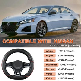 GIANT PANDA D Shape Steering Wheel Cover for Nissan Rogue Kicks - Auto Car Steering Wheel Cover Customized for Nissan Altima Sentra(Black+Red Line-D-Shaped)