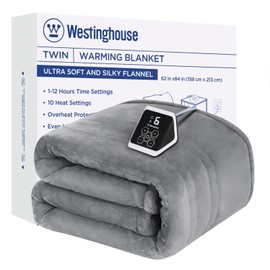 Westinghouse Heated Blanket Twin Size, Electric Heating Blanket with 10 Heating Levels, 1-12 Hours Auto Shut Off, Fast Heating Warming Blanket, Machine Washable (Twin, 62x84 Inches, Light Grey)