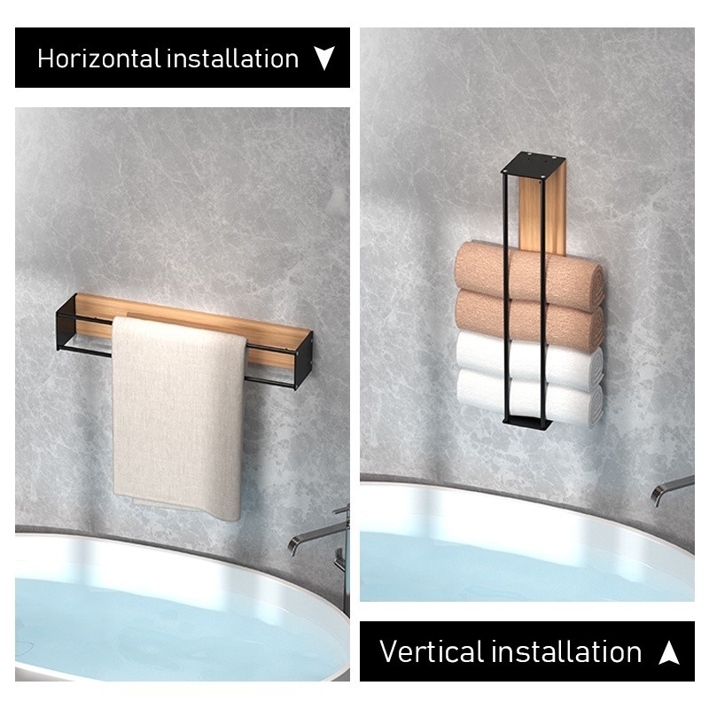 Wall-Mounted Towel Rack for Bathroom Storage – Iron & Wood