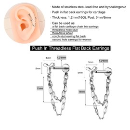 AoedeJ 2 Pairs Flat Back Stud Earrings Push In Flat Back Earrings for Cartilage Earring Heart-shaped Windmill Chain Threadless Flat Back Earrings for Women, Stainless Steel, No Gemstone