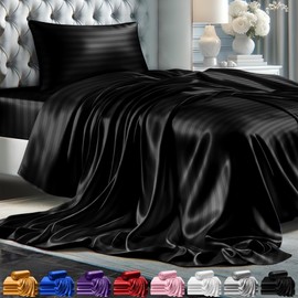 DECOLURE Striped Satin Sheets Twin Size Set 3 Pcs - Silky & Luxuriously Soft Satin Bed Sheets w/ 15 inch Deep Pocket - Double Stitching, Wrinkle Free (Black)
