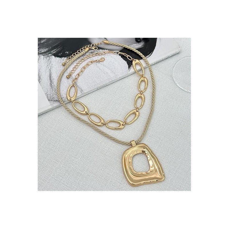DIONFEI Fashionable Layered Gold Chain Pendant Necklace - Beige Rope