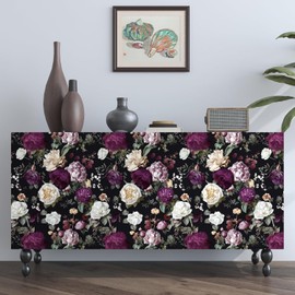 XRUIBZI Black Floral Wallpaper Peel and Stick Gothic Floral Vinyl Wallpaper Colorful Contact Paper for Cabinet Waterproof Self Adhesive Retro Wall Paper for Kitchen Countertop Wall 17.5" x 393"