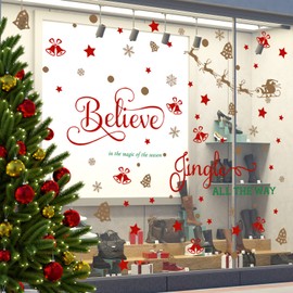 4 Sheets Christmas Wall Decals Believe Quote Wall Stickers Christmas Wall Decor Reindeer Snowflakes Window Clings Vinyl Wall Art Decal Removable for Christmas Party Supplies Home Window Decor