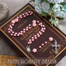 Sinmoe Pink Rosary Necklace with Velvet Gift Bag Elegant Cross Prayer Beads Glass Beads Catholic Rosary Holy Communion Gift for Women Girls, Faux glass beads and flower shaped ceramic beads