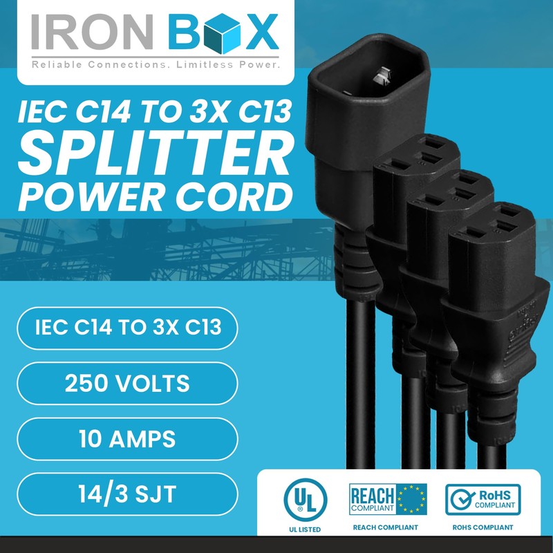 IronBox Electric IEC C14 to 3X C13 Splitter Power Cord