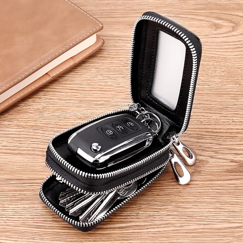 Guolich Car Key Chain Bag Double Zipper Leather Protection Key