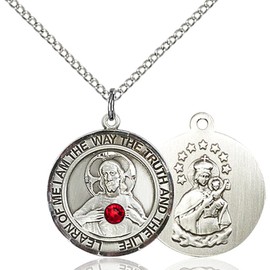 Bonyak Jewelry Saint Medal Collection Sterling Silver Scapular Pendant with 3mm July Red Crystal 3/4 x 5/8 inches with 18 inch Sterling Silver Curb Chain