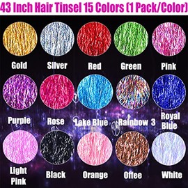 15 Colores de Oropel para Cabello con Kit de Herramientas 43 Pulgadas 3000 Hebras de Extensiones de Cabello de Oropel Brillante con 10 Plumas Sintétic