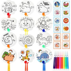 Beeveer 48 Pcs Kids Paint Party Favors Set 24 Coloring Hand Fans with 24 Watercolor Markers Paint Your Own Kit for Children DIY Art Crafts Classroom Summer Birthday Return Gifts(Paddle Style)