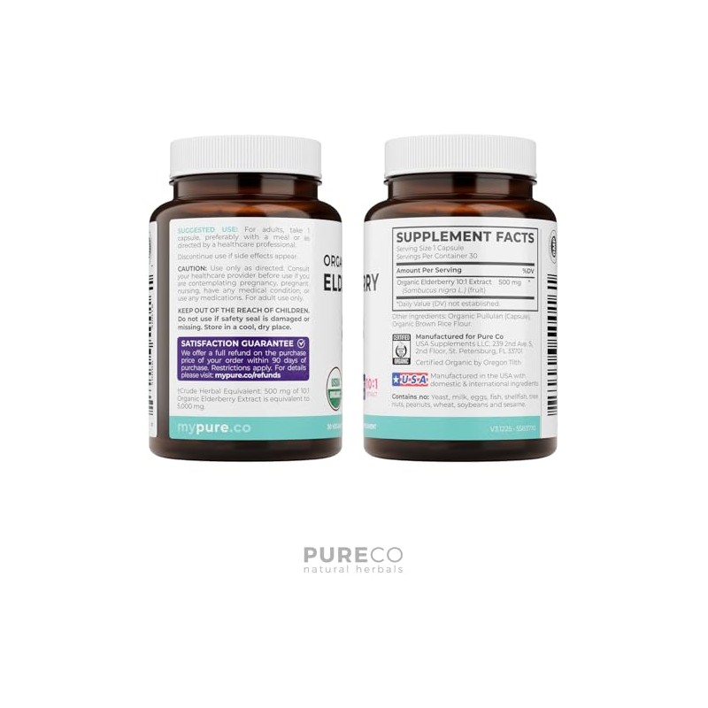 PURE CO Organic Elderberry 10:1 Extract 500mg Per 1 Capsule