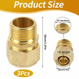 Wjelet Compression Fitting 20 mm x 1/2 Inch Male Thread Brass Clamp Connector Screw Fitting Transition for Aluminium Composite Pipe DVGW and Aluminium Composite Pipe Pack of 3