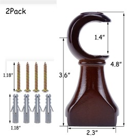 HEVSTIL 2-Pack Wood Curtain Rod Brackets,Return End Brackets for 1-2/5" Pole for Curtain Rods, Wall Mount,Brown