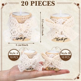 MTLEE 20 Sets Baptism Candle Supplies for Guests Wooden Candle Holders with Tealight Candles Tags and Gift Boxes for Baptism Wedding Party Baby Shower Souvenirs (White 2, Thank You)