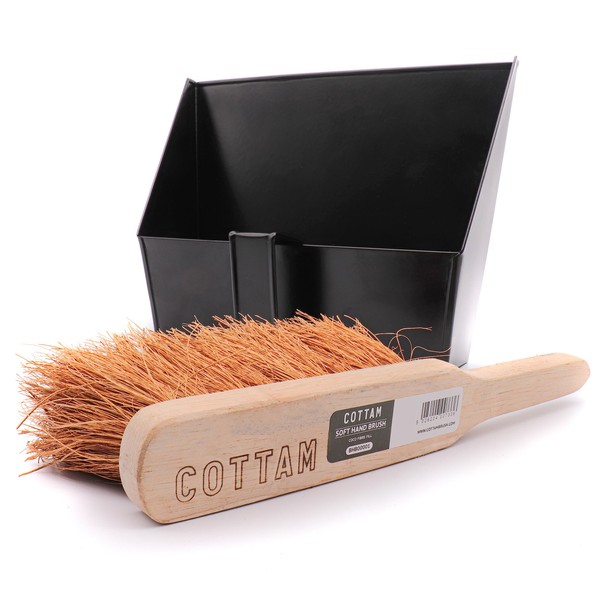 COTTAM Heavy Duty Metal Dustpan (Black) With Handle & Soft Hand Brush | Hooded Dust Pan/Dust Collector With Soft Hand Brush For Cleaning Home, Log Burner, Stove, Workshop & Garden
