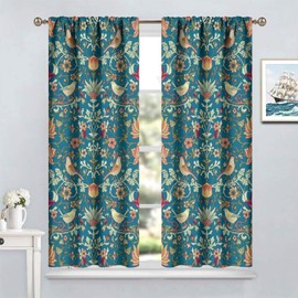 Boho Floral Window Curtains, William Morris Vintage Flowers Birds Strawberry Blackout Rod Pocket Window Treatments Drapes for Bedroom Living Room 52x84in